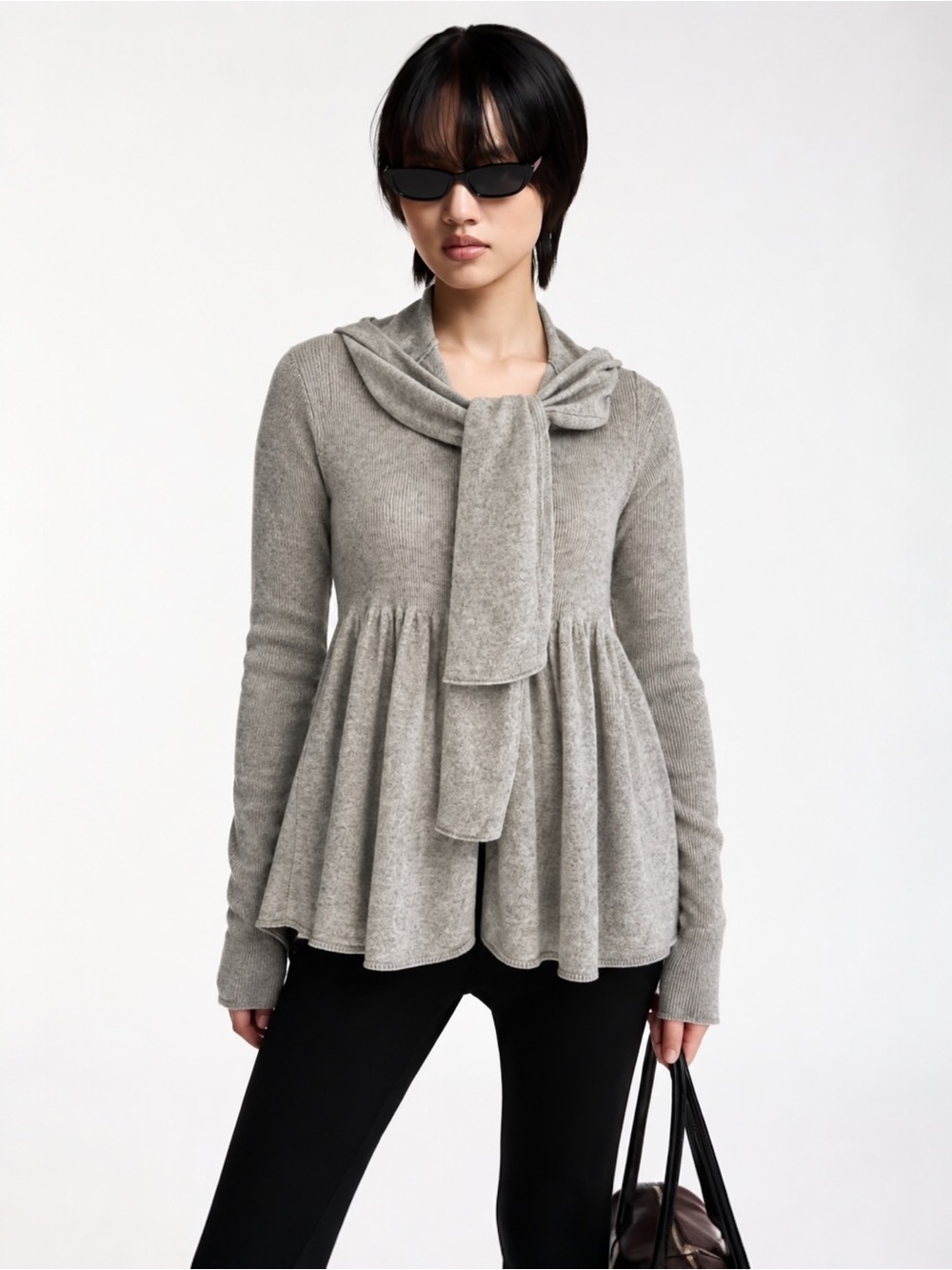 Rebecca Taylor Silk & Cashmere Cozy Knit Peplum Scarf- Tie Hoodie Cardigan S